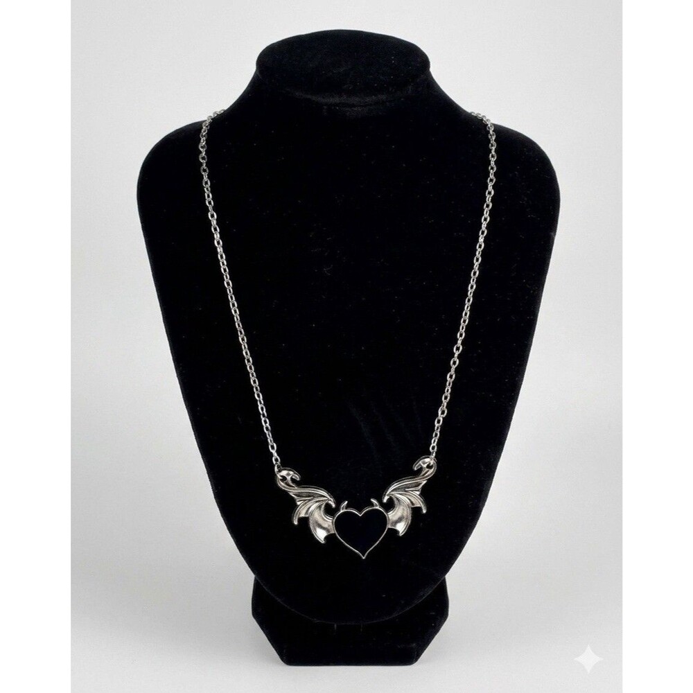 Gothic Bat Wing Heart Necklace Silver Black Enamel Pendant Goth Alt Vampire Emo